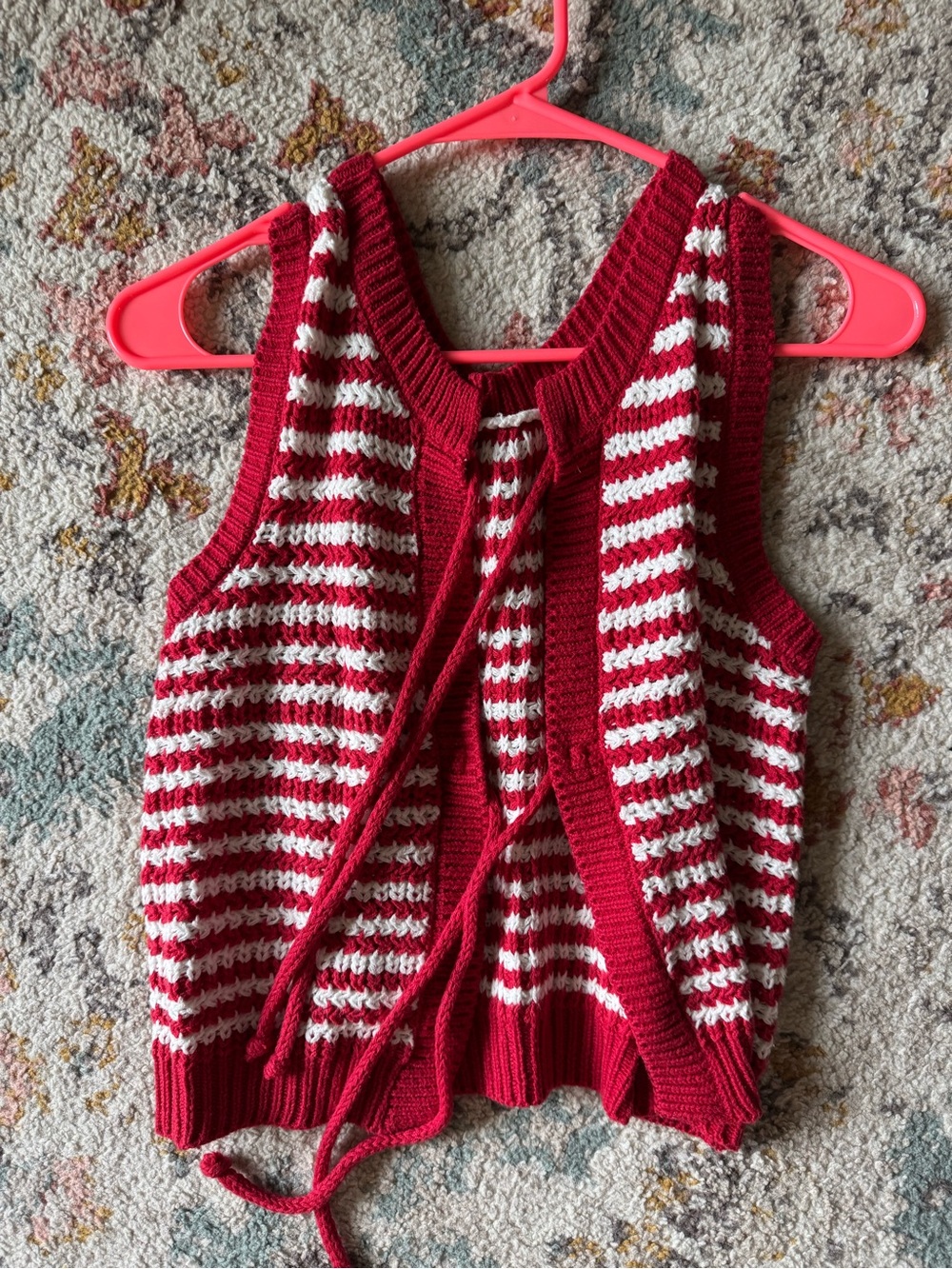 Red and White Striped Knit Sleeveless Sweater Vest